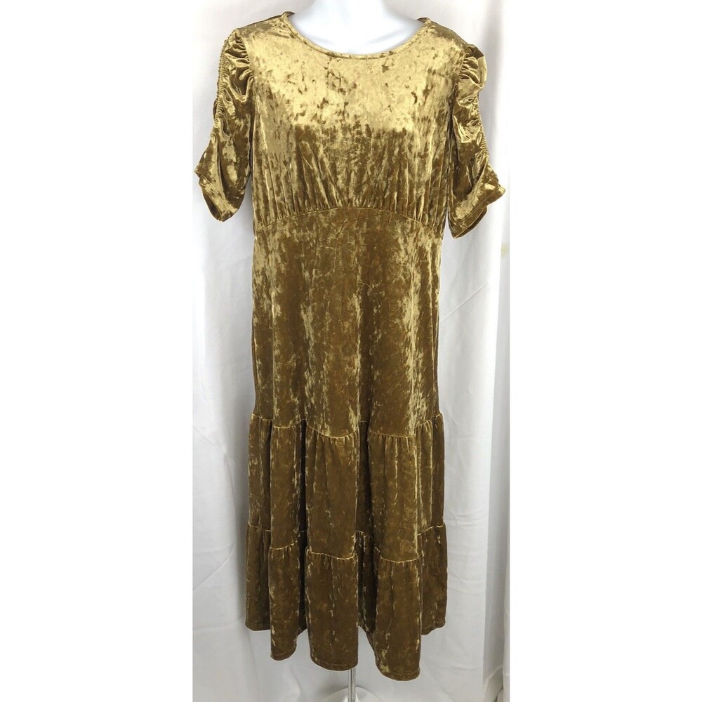 Who What Wear Maxi Dress M Gold Velour Tiered Empire Ruched Puff Sleeve Peasant